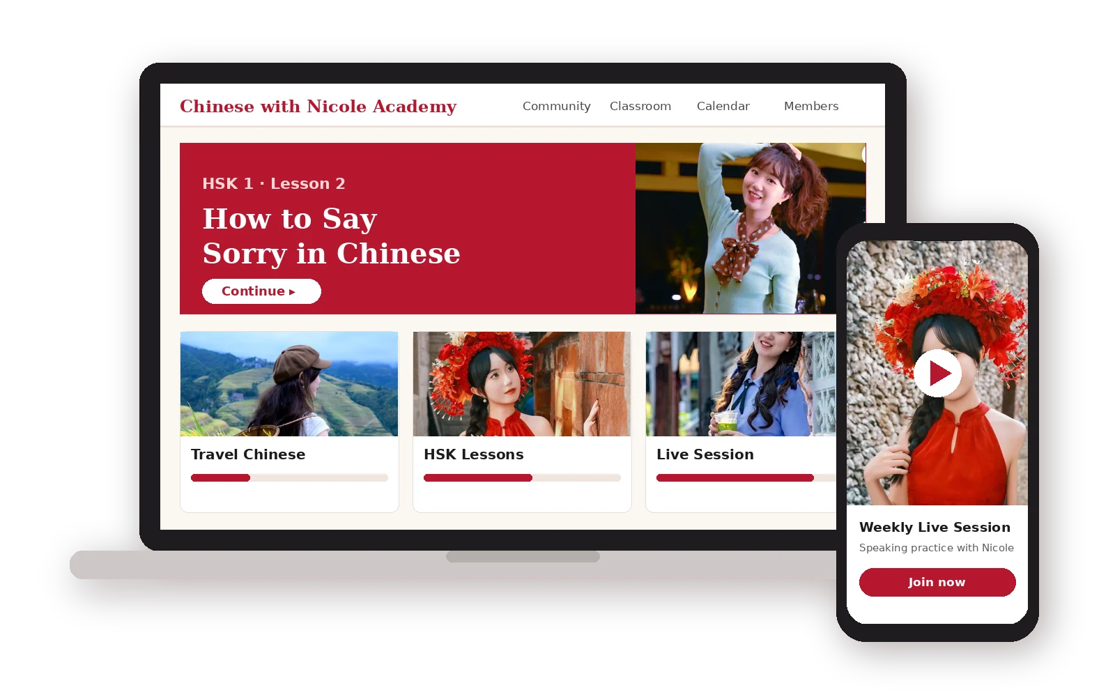 Chinese with Nicole Academy on laptop and phone